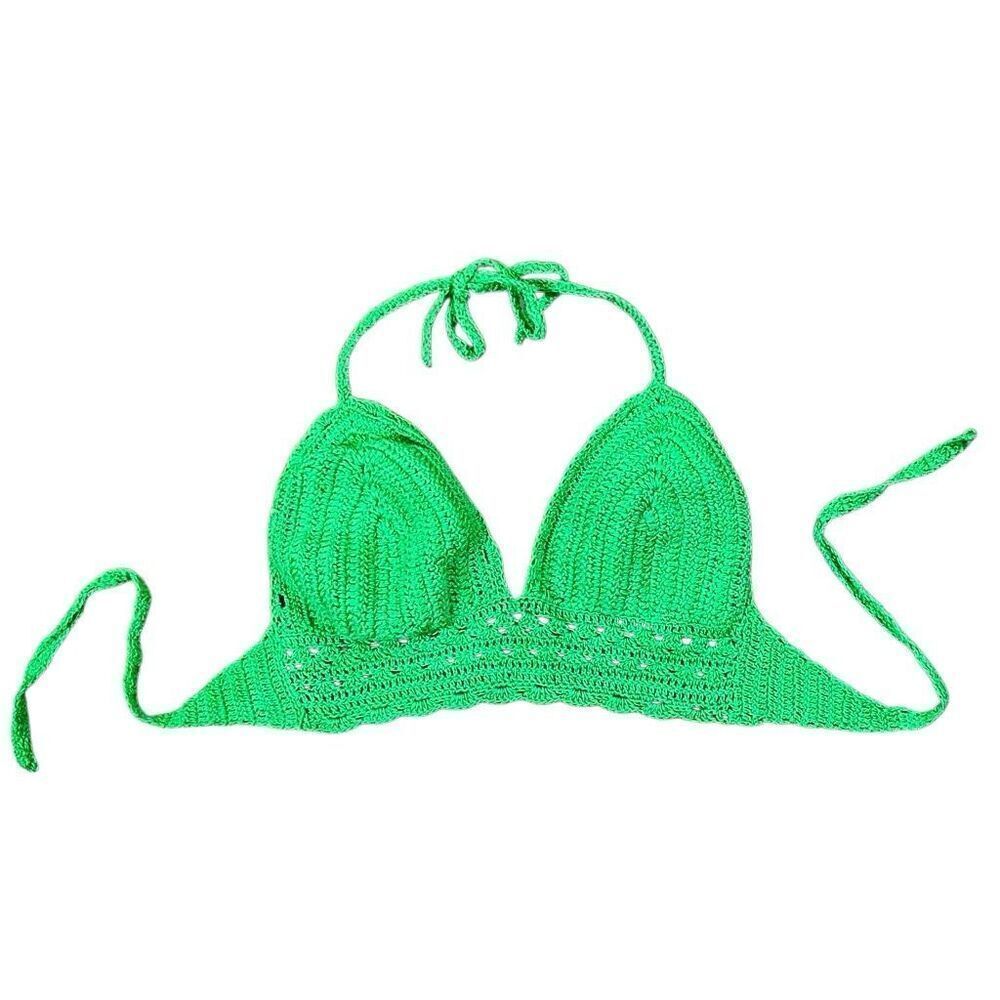 Women’s Green Tied Backless Halter Open Knit Crop Top